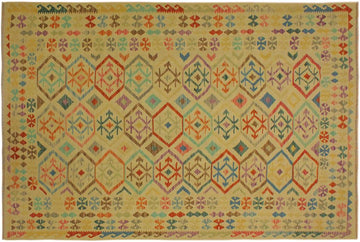 Flat Weave Kilim, Antique, Navaho, Vintage, Handmade, Geometric Kilim Tan Blue Hand-Woven Rectangle 100% Wool Area Rug 7 x 10